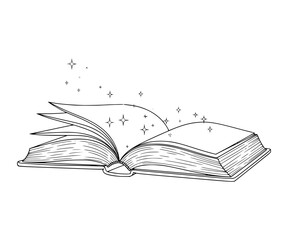 An old book opening with sparkles