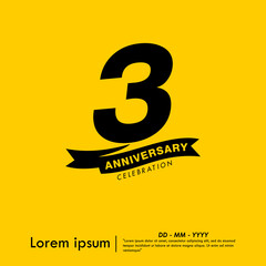 3rd years anniversary celebration emblem. congratulations anniversary logo isolated with ribbon on yellow background. vector illustration template design for web, flyers, poster, greeting card