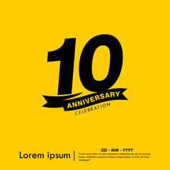 10th years anniversary celebration emblem. congratulations anniversary logo isolated with ribbon on yellow background. vector illustration template design for web, flyers, poster, greeting card