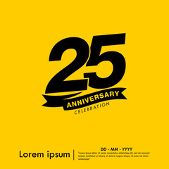 25th years anniversary celebration emblem. congratulations anniversary logo isolated with ribbon on yellow background. vector illustration template design for web, flyers, poster, greeting card