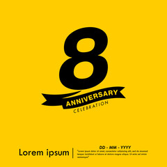 8th years anniversary celebration emblem. congratulations anniversary logo isolated with ribbon on yellow background. vector illustration template design for web, flyers, poster, greeting card