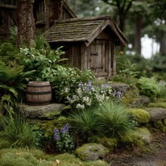 Rustic Wooden Shed in a Lush Green Forest with Wildflowers