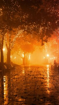 City Illumination on Alley with Warm Autumn Colors in rain