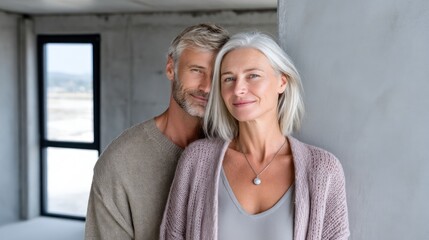 A mature couple, he with short graying hair and she with shoulder-length gray hair, stand close, smiling subtly at the camera in an unfinished room, sunlight streaming in from a window behind them