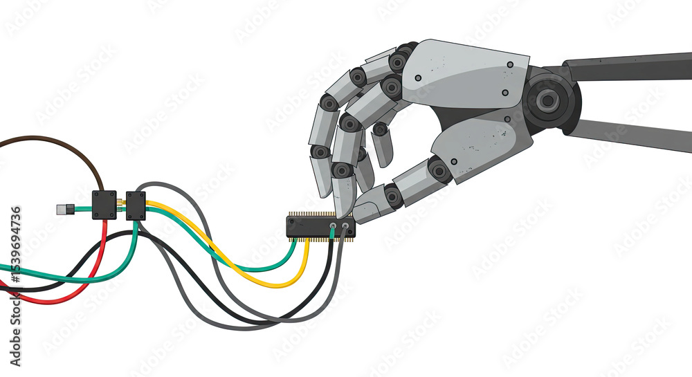Aufkleber robotic hand connecting wires to a circuit board against a black background
