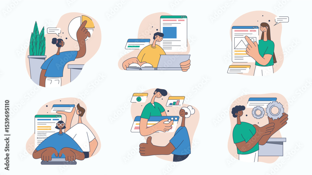 Aufkleber business and marketing concept set for web design. collection with people analyzing data, targeting 
