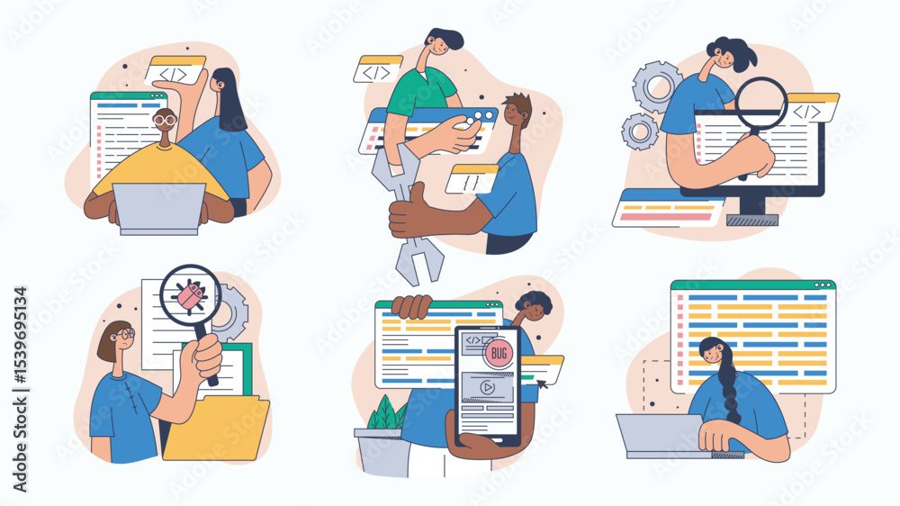 Poster Software testing concept set for web design. Collection with people programming, testing code, searching errors, fixing bugs, reporting, more. Flat vector illustration isolated on white background.