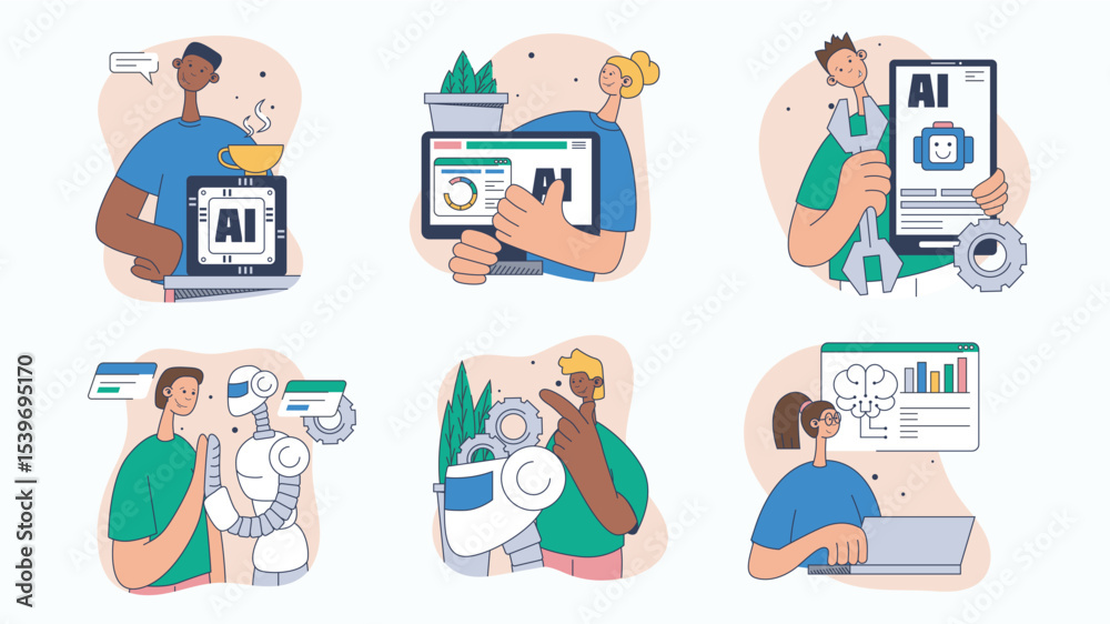 Poster Digital engineering concept set for web design. Collection with people interact with ai technology, machine learning, robotics science, more. Flat vector illustration isolated on white background.