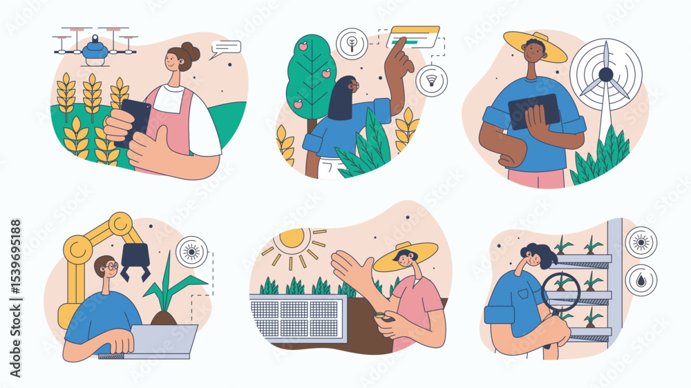 Aufkleber Smart farming concept set for web design. Collection with people monitoring fields by drone, robotic arms work, greenhouse cultivation, more. Flat vector illustration isolated on white background.