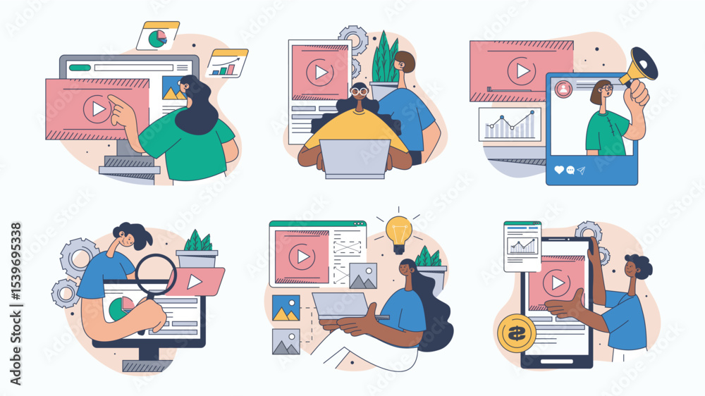 Poster video marketing concept set for web design. collection with people creating content, making advertis