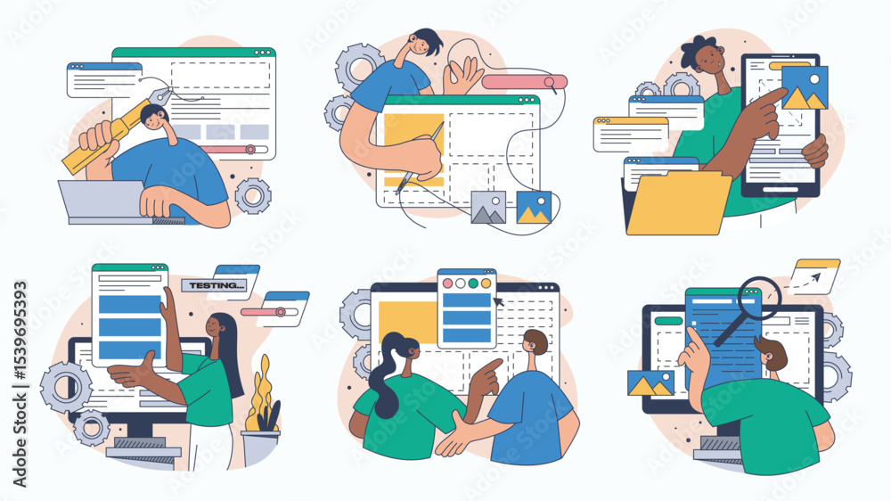 Aufkleber Website design concept set for web design. Collection with people building responsive wireframe site layout, create application pages, more. Flat vector illustration isolated on white background.
