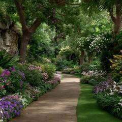 Sunlit Garden Path with Blooming Flowers
