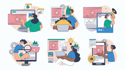 Video marketing concept set for web design. Collection with people creating content, making advertising campaigns, promoting in blogs, more. Flat vector illustration isolated on white background.