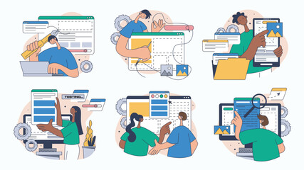 Website design concept set for web design. Collection with people building responsive wireframe site layout, create application pages, more. Flat vector illustration isolated on white background.