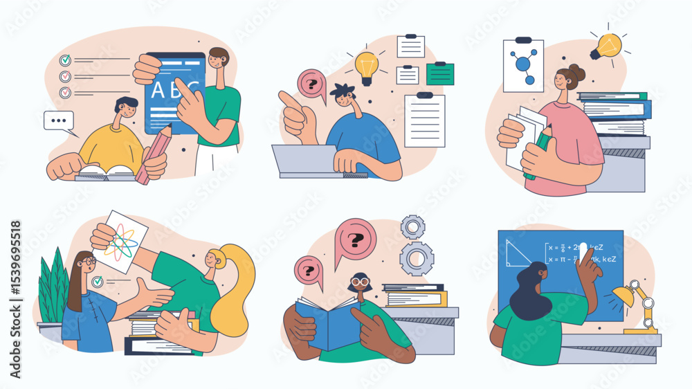 Poster School learning concept set for web design. Collection with people doing homework, studying in classroom, training at lessons and seminars, more. Flat vector illustration isolated on white background.