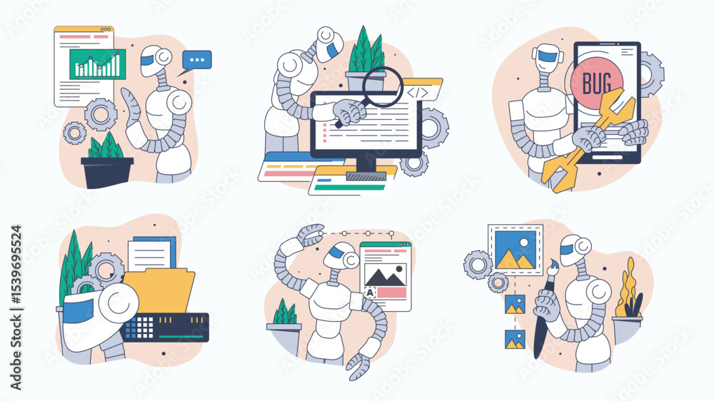 Poster Artificial intelligence concept set for web design. Collection with people assistant analyzing data, search information, generates images, more. Flat vector illustration isolated on white background.