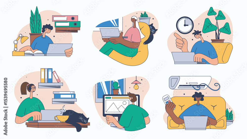 Poster freelance worker concept set for web design. collection with people working distantly at laptops, co