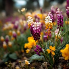 Obraz premium Vibrant Purple Yellow White Wildflowers in Full Bloom Close Up