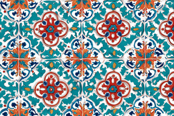 Talavera-inspired seamless pattern, hand-painted tile design in turquoise, deep orange, red, white, elegant and ornamental