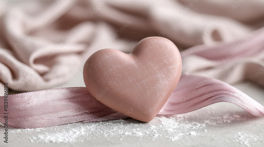 Poster Soft Pink Clay Heart Wrapped in Ribbon Rests on a Light Surface Surrounded by Fabric and Subtle Textures