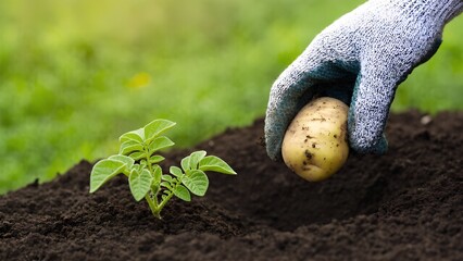 Planting potatoes in garden soil rural setting photography nature environment close-up view sustainable agriculture