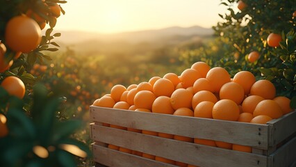 Harvesting fresh oranges in a sunlit orchard nature's bounty beautiful landscape evening glow