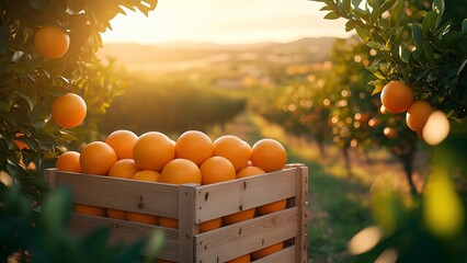 Harvesting oranges at sunset in an orchard nature photography serene environment vibrant colors
