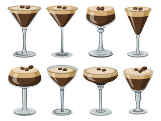 Espresso Martini Cocktail Drink Glasses Set Graphic Design Illustration, transparent background