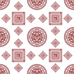 Elegant Chinese Golden Mandala and Cloud Pattern on Red Background, Traditional Asian Seamless Design