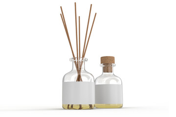 Aromatic diffuser bottle with blank label and bamboo sticks mockup container packaging isolated on...