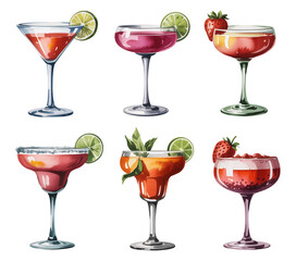 Vibrant Watercolor Cocktails Collection Lime Strawberry Garnish Menu Design, transparent background