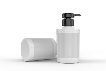 Plastic or Glass with dispenser pump bottle and label mockup container packaging isolated on background. 3D template for liquid soap, gel, lotion, cream, shampoo, bath foam, healthcare or medicine