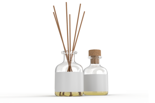 Aromatic diffuser bottle with blank label and bamboo sticks mockup container packaging isolated on background. 3D template for presentations home scent diffuser, fragrance dispenser, wellness branding