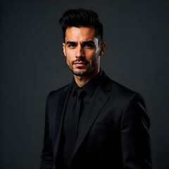Portrait of a male model in a tailored black suit, posing confidently against a clean studio backdrop, professional lighting