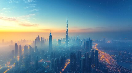 Fototapeta premium A hazy sunrise casts a soft, bluish light over a dense cityscape, a prominent skyscraper piercing the morning mist. The cityscape stretches to the horizon, illuminated by the early sunlight