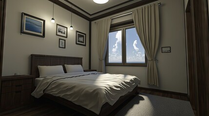 Fototapeta premium Interior bedroom scene with a view.