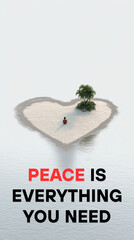 Peace-Heart-Shaped Island with Lone Person Sitting Calmly in Center on White Background – Symbol of Peace and Solitude