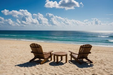 Fototapeta premium Wooden beach chairs are arranged neatly on the sand with a clear sky above.