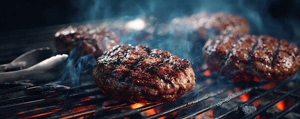 Close up of sizzling burger patties on a grill with smoke and tongs in the background outdoors