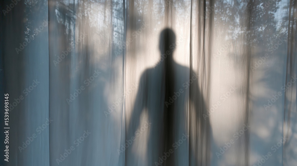 Poster Shadow Figure Appears Behind a Translucent Screen in a Softly Lit Indoor Environment, Creating a Mysterious Ambiance