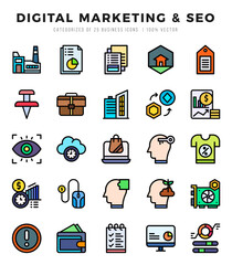 Vector Digital Marketing & SEO types icon set in Lineal Color style. vector illustration.