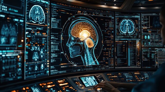A person analyzes a glowing 3D brain scan displayed prominently on a multi-monitor workstation, surrounded by various medical imaging data