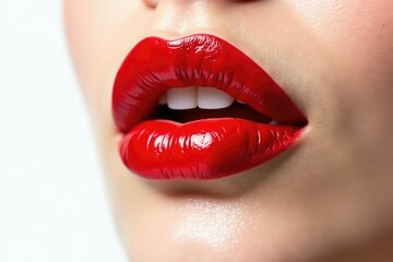 Fototapeta premium Close-up of vibrant red lipstick on pure white backdrop, background, product shot