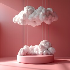 a pink room with white clouds hanging from the cei