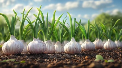 Garlic growing in dark soil with partially exposed bulbs and green shoots growing upwards