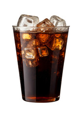a cup filled with cola soda and ice cubes on transparent background