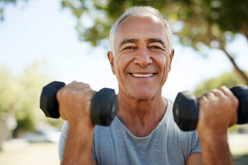 senior man lifting dumbbells in sunny park, smiling, muscular arms close-up, fitness clothing,