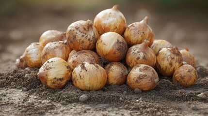 A pile of freshly harvested natural organic onions on dark soil