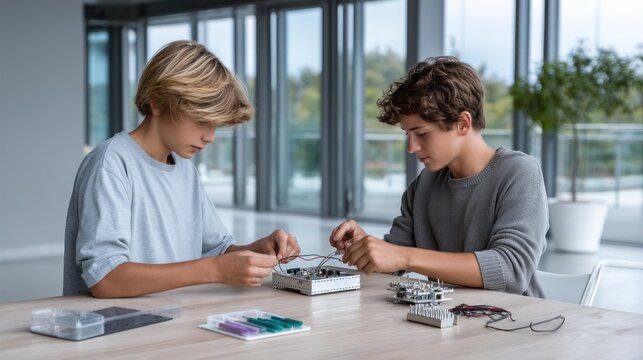 Two teenage boys attentively collaborate on a technological project, meticulously connecting wires to a circuit board at a light-wood table in a modern, bright room