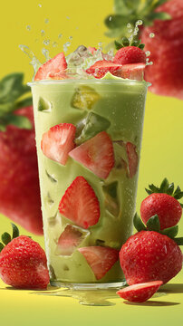 a vibrant iced strawberry matcha latte in a clear cup, filled with crushed strawberries and ice cubes, creamy green matcha and oat milk blended smoothly, overflowing with fresh